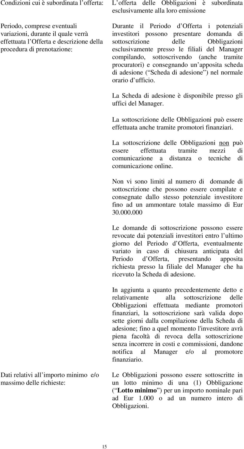 del Manager compilando, sottoscrivendo (anche tramite procuratori) e consegnando un apposita scheda di adesione ( Scheda di adesione ) nel normale orario d ufficio.