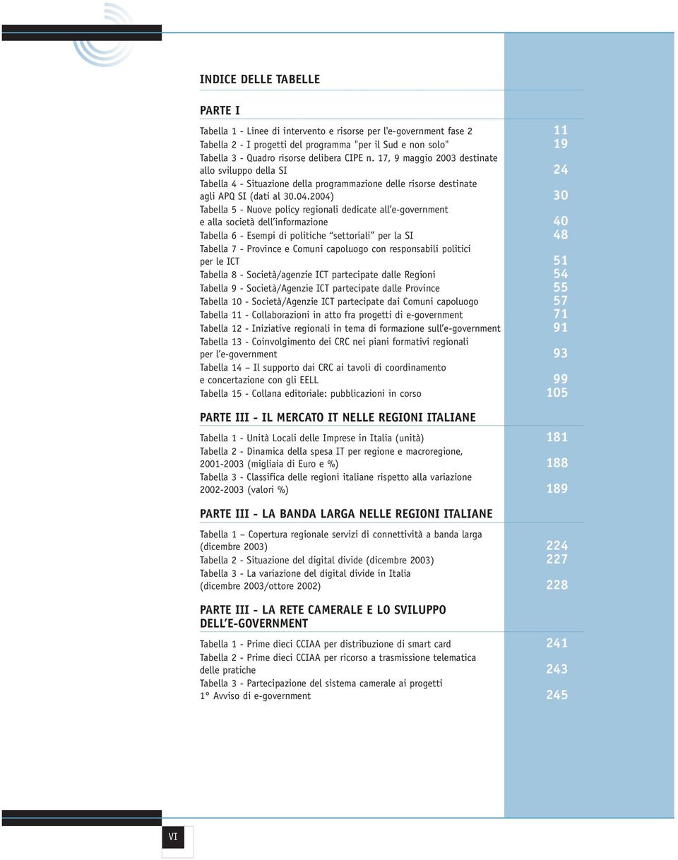 2004) 30 Tabella 5 - Nuove policy regionali dedicate all e-government e alla società dell informazione 40 Tabella 6 - Esempi di politiche settoriali per la SI 48 Tabella 7 - Province e Comuni