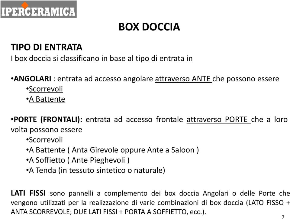 ABattente(AntaGirevoleoppureAnteaSaloon) A Soffietto( Ante Pieghevoli) A Tenda(in tessuto sintetico o naturale) LATI FISSI sono pannelli a complemento