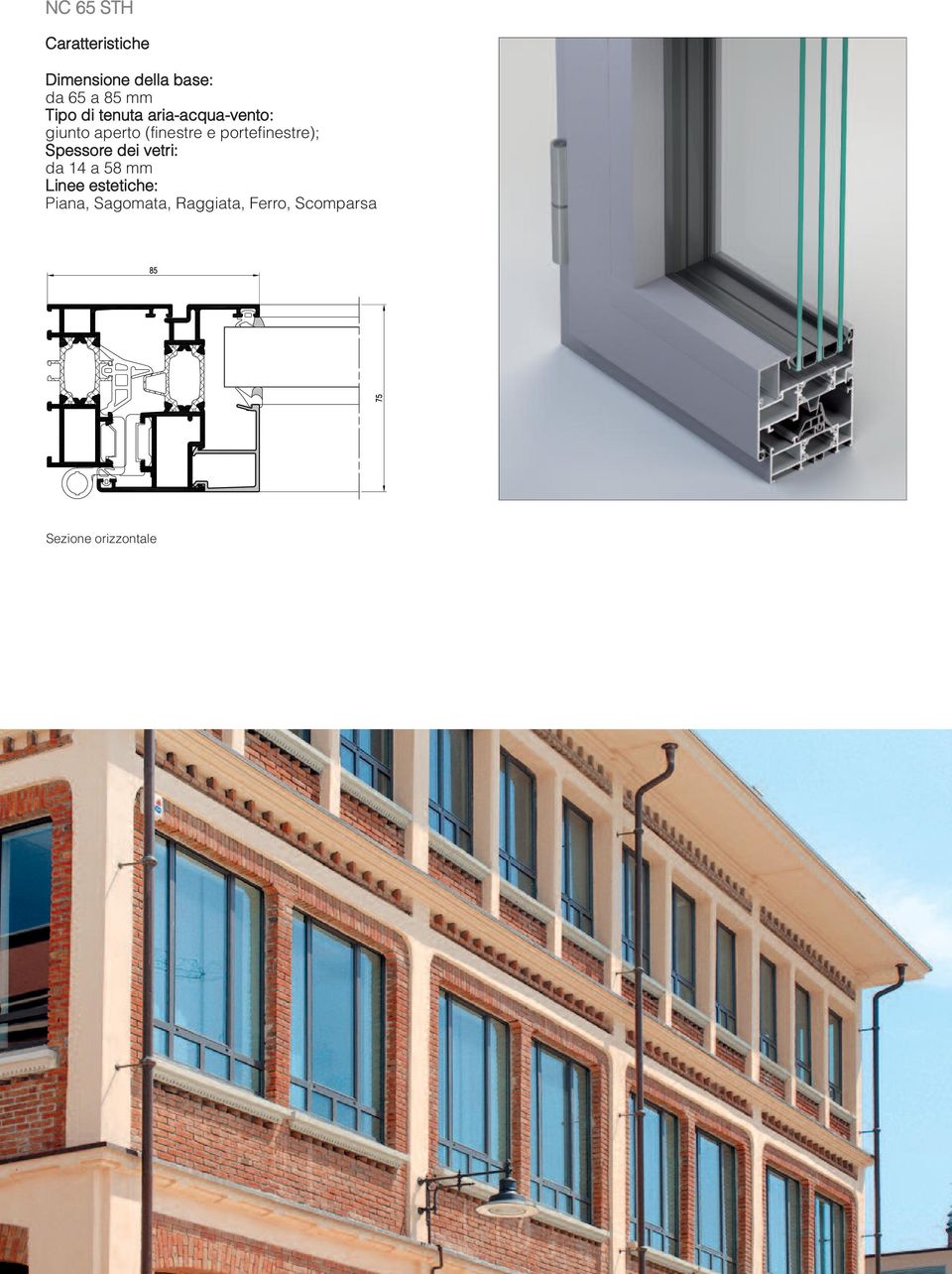 portefinestre); Spessore dei vetri: da 14 a 58 mm Linee