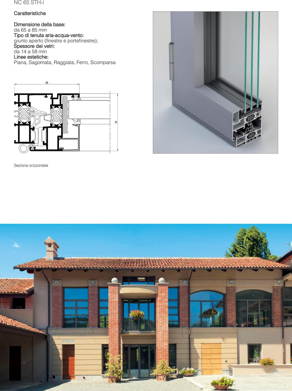 portefinestre); Spessore dei vetri: da 14 a 58 mm Linee