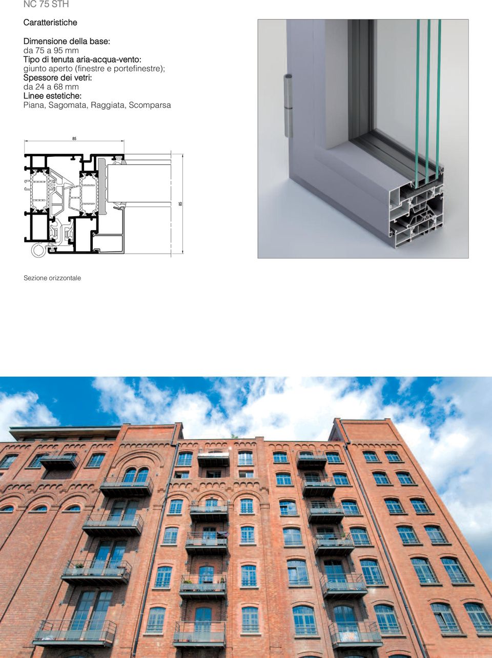 portefinestre); Spessore dei vetri: da 24 a 68 mm Linee