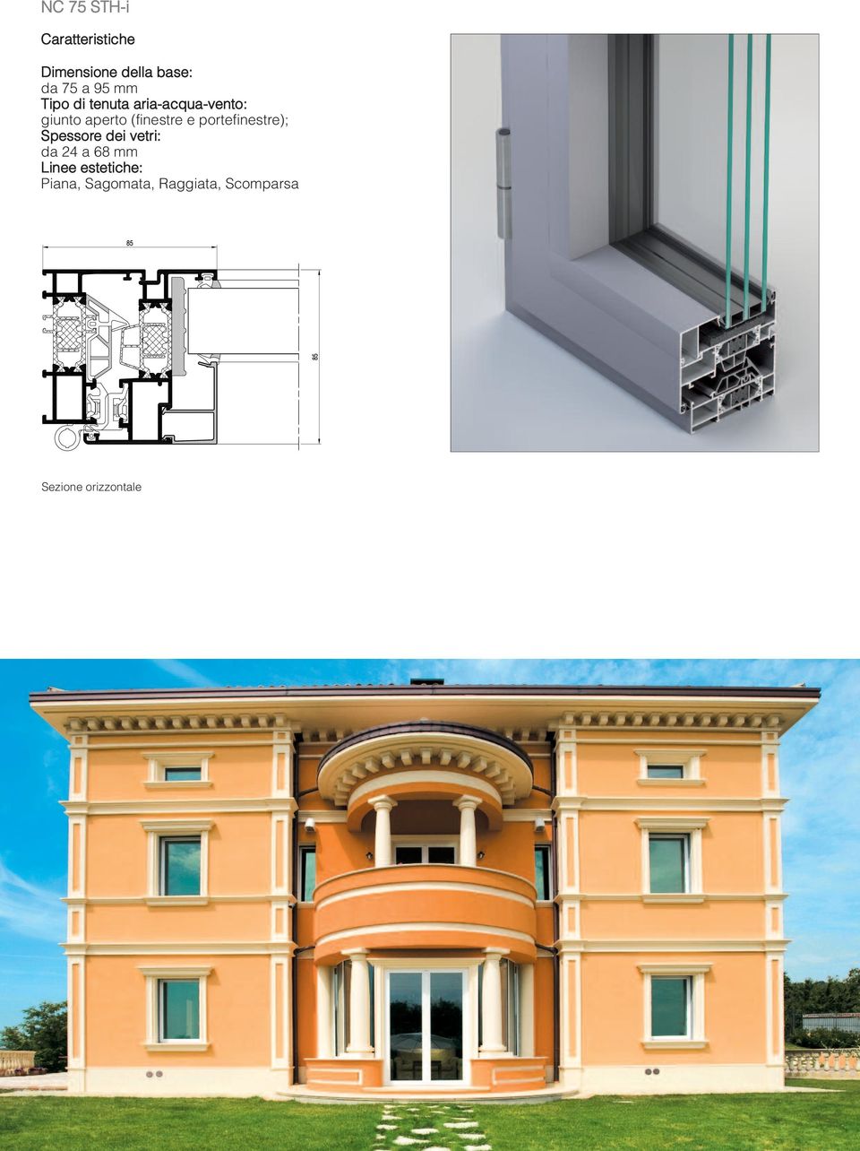 portefinestre); Spessore dei vetri: da 24 a 68 mm Linee