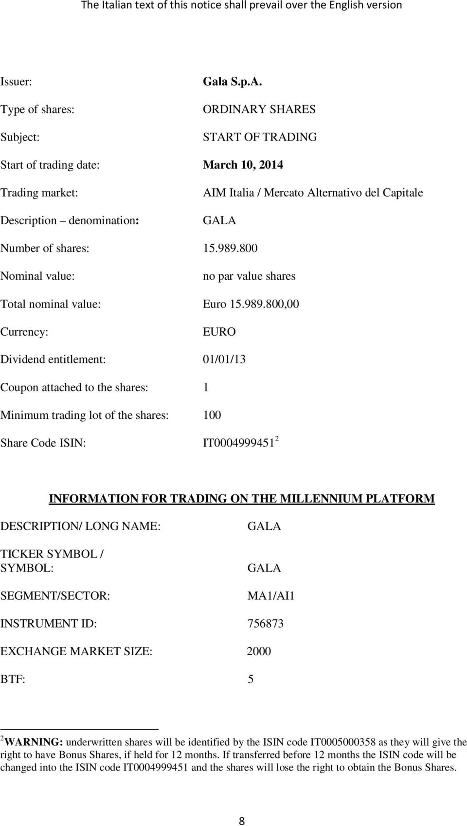 800 Nominal value: no par value shares Total nominal value: Euro 15.989.