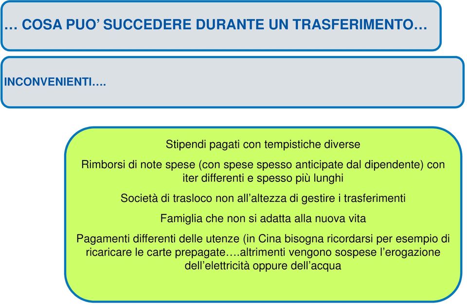 differenti e spesso più lunghi Società di trasloco non all altezza di gestire i trasferimenti Famiglia che non si adatta