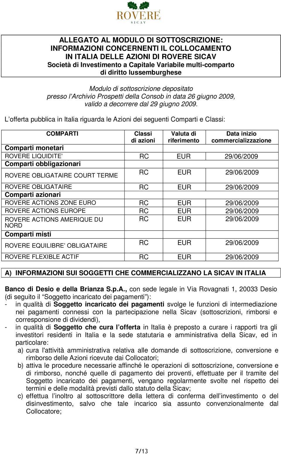 L offerta pubblica in Italia riguarda le Azioni dei seguenti Comparti e Classi: COMPARTI Classi di azioni Valuta di riferimento Data inizio commercializzazione Comparti monetari ROVERE LIQUIDITE RC