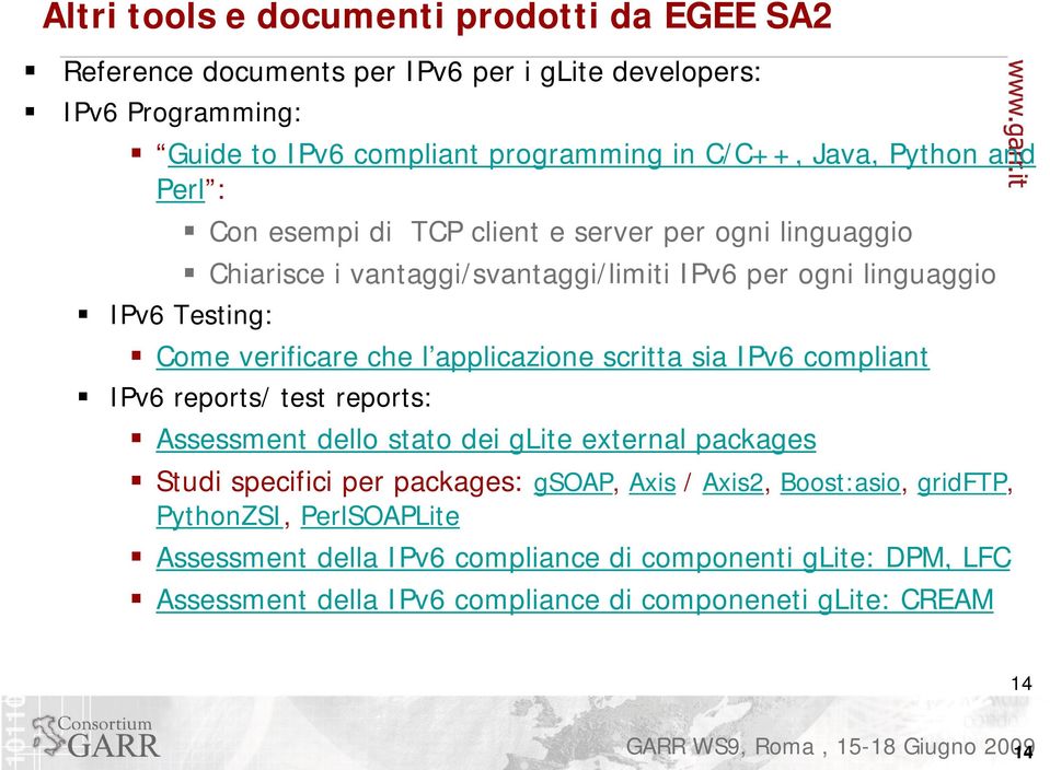 l applicazione scritta sia IPv6 compliant IPv6 reports/ test reports: Assessment dello stato dei glite external packages Studi specifici per packages: gsoap, Axis /