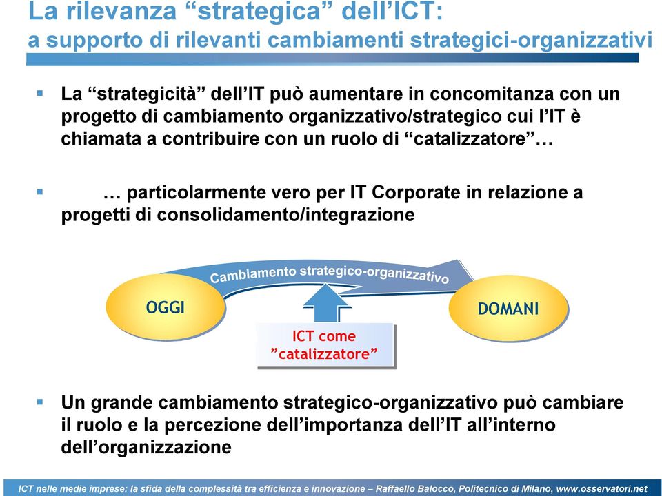 catalizzatore particolarmente vero per IT Corporate in relazione a progetti di consolidamento/integrazione OGGI ICT come catalizzatore