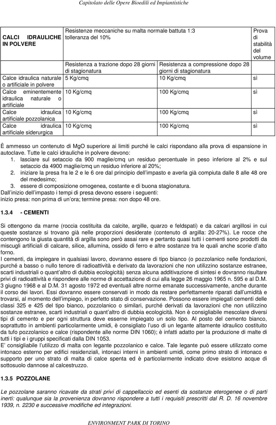 Kg/cmq 10 Kg/cmq sì 10 Kg/cmq 100 Kg/cmq sì 10 Kg/cmq 100 Kg/cmq sì 10 Kg/cmq 100 Kg/cmq sì Prova di stabilità del volume È ammesso un contenuto di MgO superiore ai limiti purché le calci rispondano