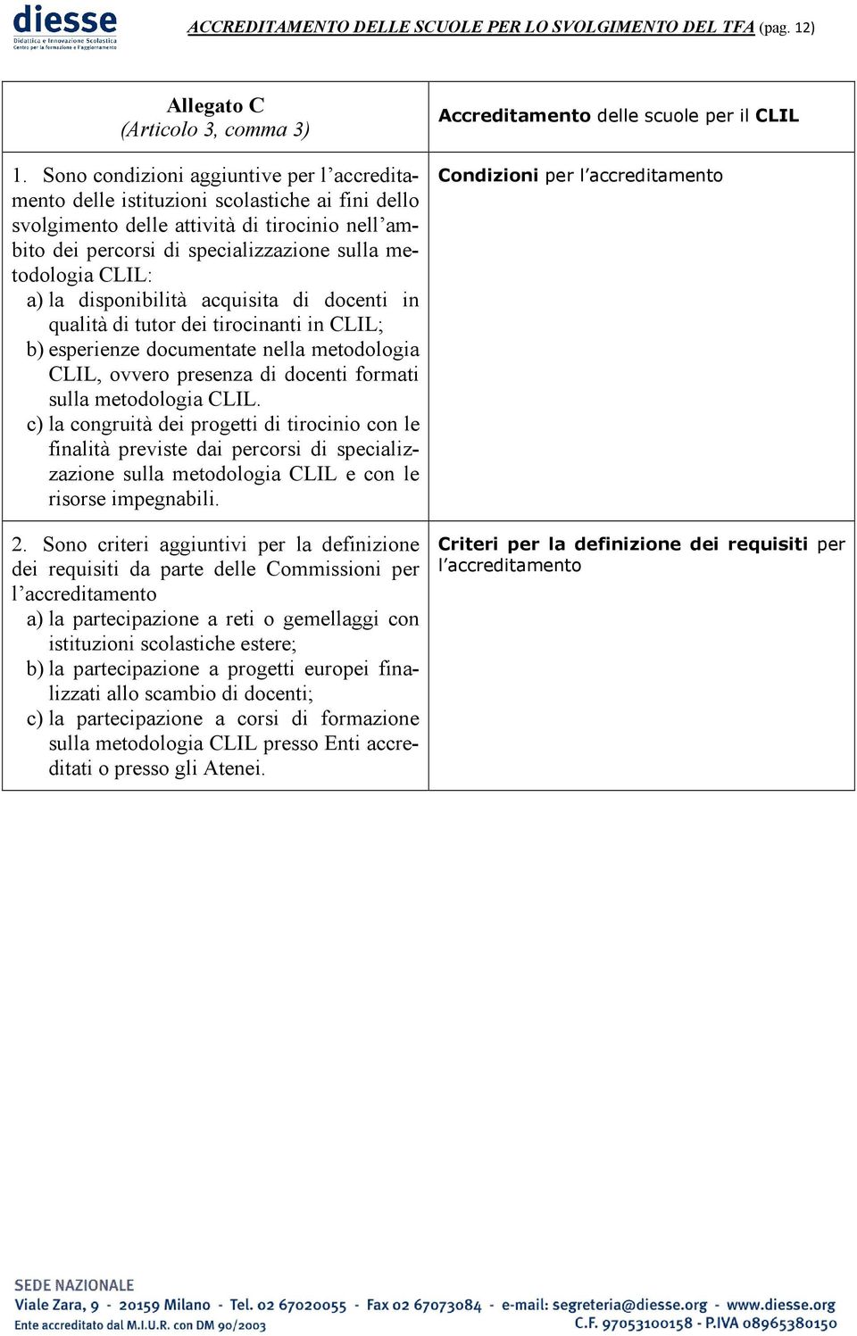 CLIL: a) la disponibilità acquisita di docenti in qualità di tutor dei tirocinanti in CLIL; b) esperienze documentate nella metodologia CLIL, ovvero presenza di docenti formati sulla metodologia CLIL.