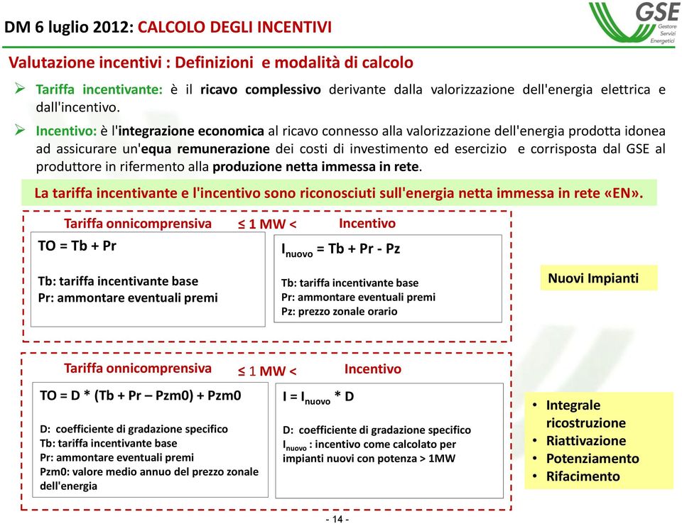 Incentivo: è l'integrazione economica al ricavo connesso alla valorizzazione dell'energia prodotta idonea ad assicurare un'equa remunerazione dei costi di investimento ed esercizio e corrisposta dal