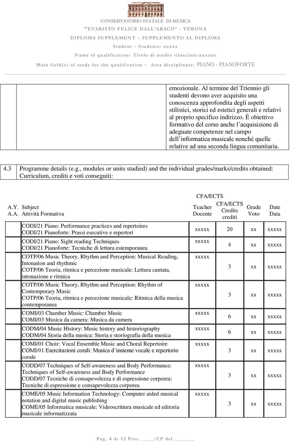 È obiettivo formativo del corso anche l acquisizione di adeguate competenze nel campo dell informatica musicale nonché quelle relative ad una seconda lingua comunitaria. 4.3 Programme details (e.g., modules or units studied) and the individual grades/marks/credits obtained: Curriculum, crediti e voti conseguiti: A.