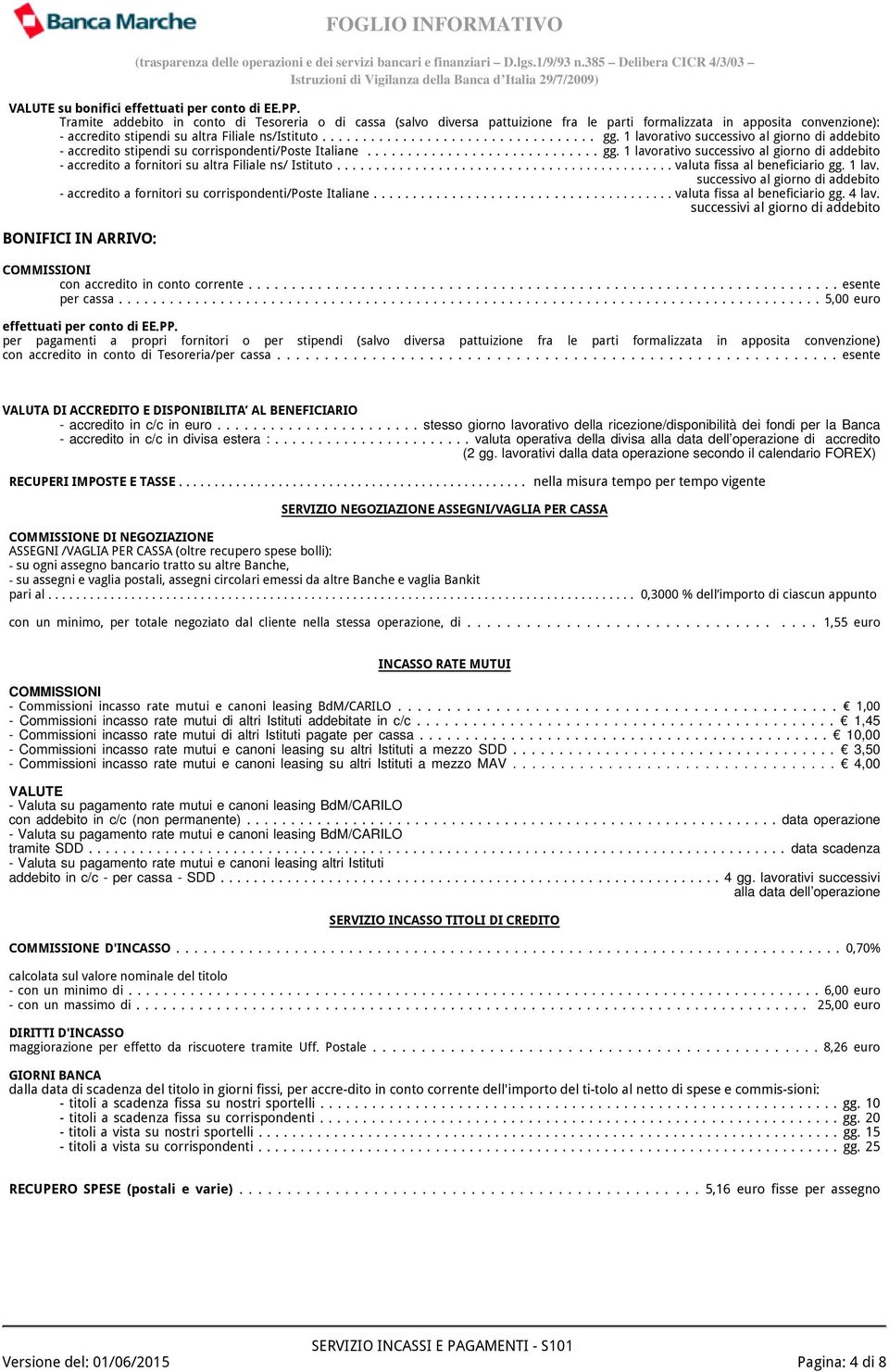 1 lavorativo successivo al giorno di addebito - accredito stipendi su corrispondenti/poste Italiane............................. gg.