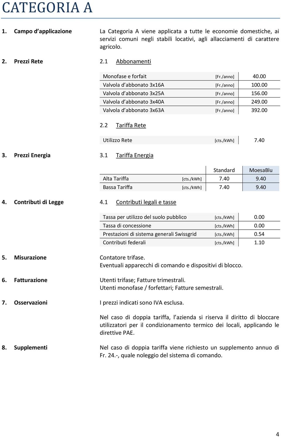 00 Valvola d abbonato 3x63A [Fr./anno] 392.00 Utilizzo Rete [cts./kwh] 7.40 Standard MoesaBlu Alta Tariffa [cts./kwh] 7.40 9.40 Bassa Tariffa [cts./kwh] 7.40 9.40 5. Misurazione Contatore trifase.