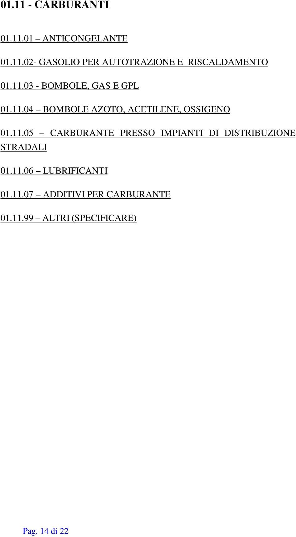 11.06 LUBRIFICANTI 01.11.07 ADDITIVI PER CARBURANTE 01.11.99 ALTRI (SPECIFICARE) Pag.