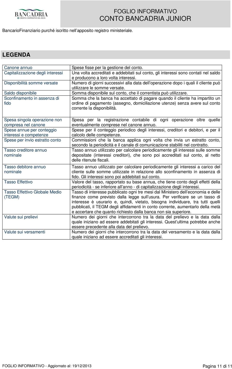 canone Spese annue per conteggio interessi e competenze Spese per invio estratto conto Tasso creditore annuo nominale Tasso debitore annuo nominale Tasso Effettivo Tasso Effettivo Globale Medio