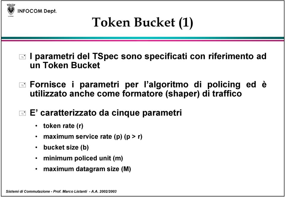 formatore (shaper) di traffico E caratterizzato da cinque parametri token rate (r)