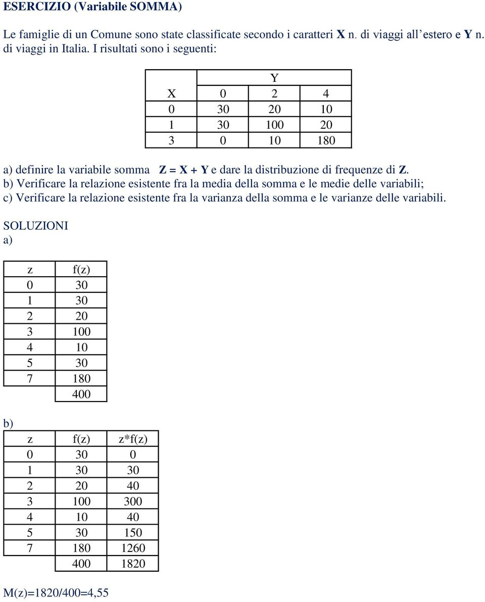 b) Veriicare la relazione esistente ra la media della somma e le medie delle variabili; c) Veriicare la relazione esistente ra la varianza della somma e le