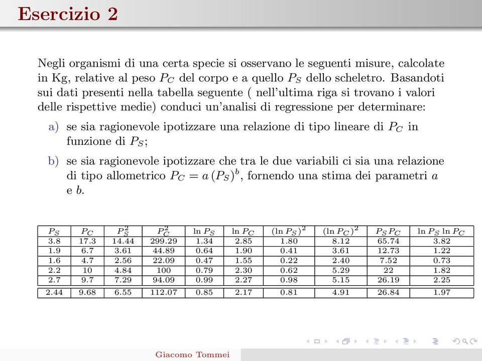 una relazione di tipo lineare di P C in funzione di P S; b) se sia ragionevole ipotizzare che tra le due variabili ci sia una relazione di tipo allometrico P C = a (P S) b, fornendo una stima dei