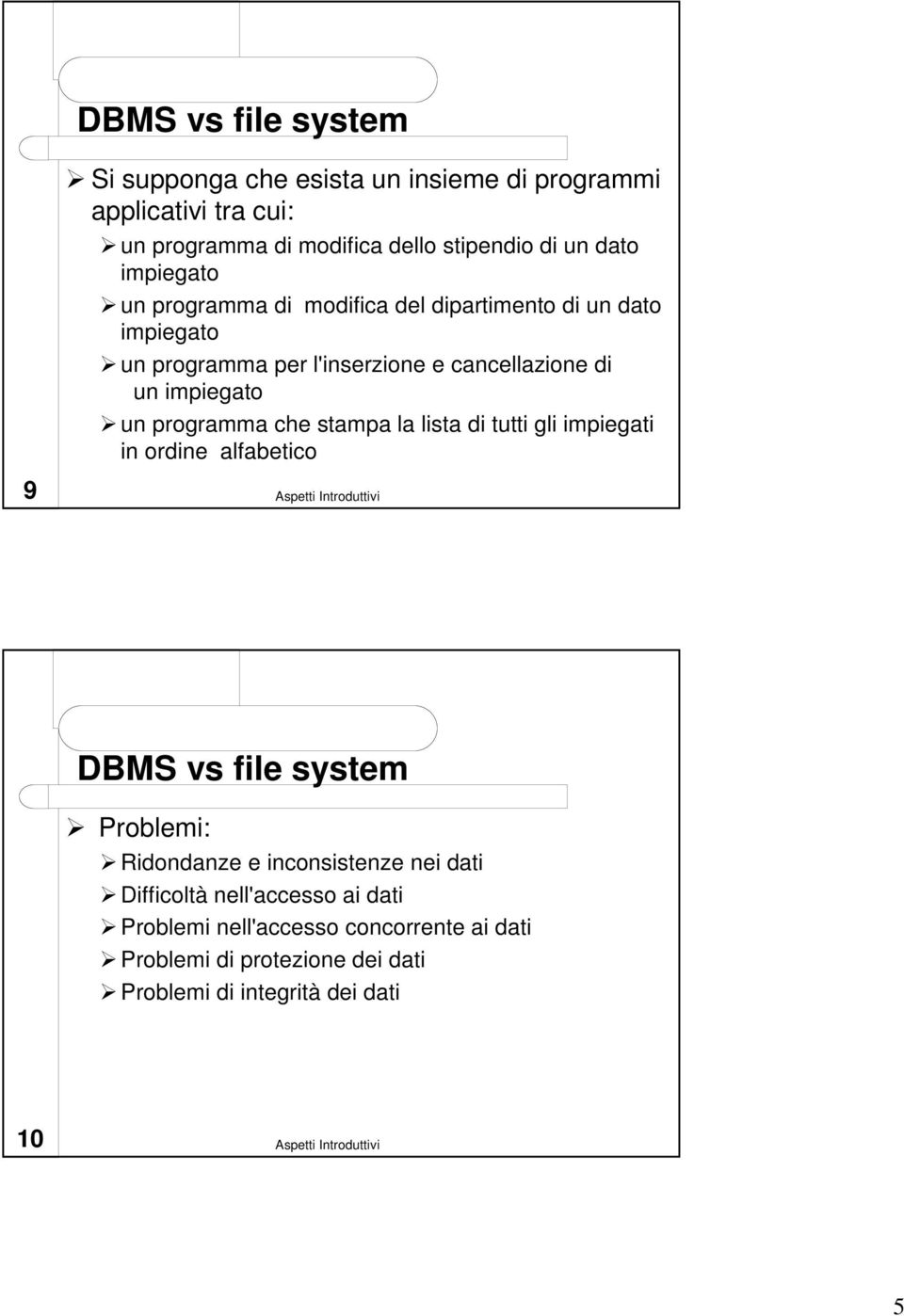 programma che stampa la lista di tutti gli impiegati in ordine alfabetico 9 DBMS vs file system Problemi: Ridondanze e inconsistenze nei
