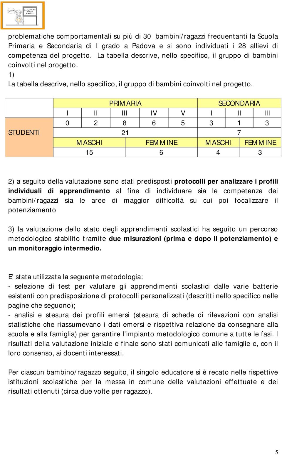 STUDENTI PRIMARIA SECONDARIA I II III IV V I II III 0 2 8 6 5 3 1 3 21 7 MASCHI FEMMINE MASCHI FEMMINE 15 6 4 3 2) a seguito della valutazione sono stati predisposti protocolli per analizzare i