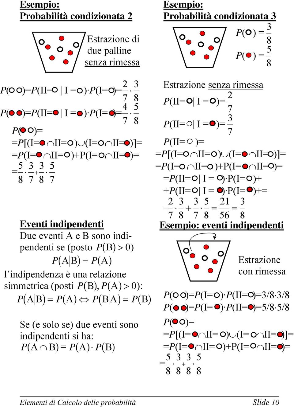 Probbltà codzot 3 P( ) 3 8 P( ) 5 8 Estrzoe sez rmess P(II I ) 7 P(II I ) 3 7 P(II ) P[(I II ) (I II )] P(I II )+P(I II ) P(II I ) P(I )+ +P(II I ) P(I )+ 3 3 5 3 + 7 8 7 8 56 8