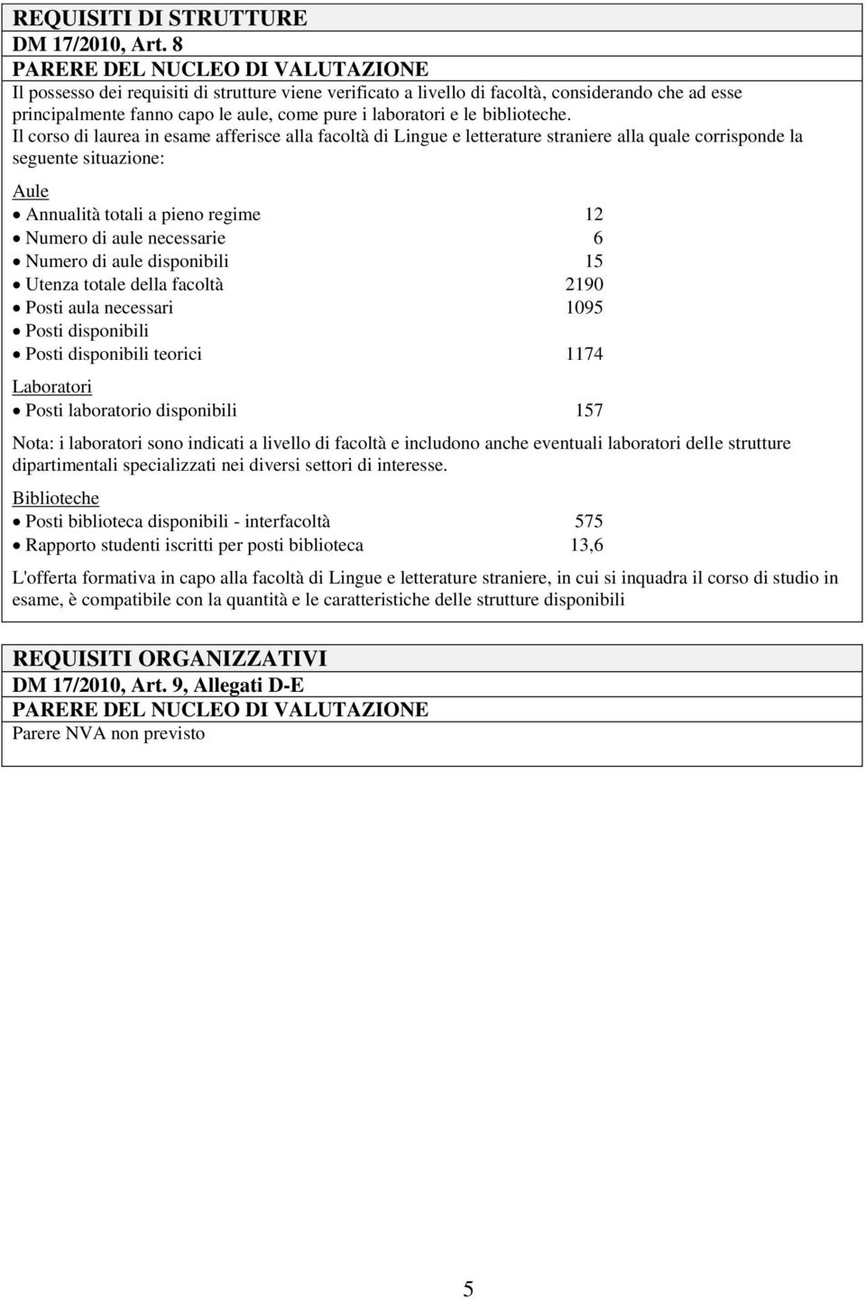 Il corso di laurea in esame afferisce alla facoltà di Lingue e letterature straniere alla quale corrisponde la seguente situazione: Aule Annualità totali a pieno regime 12 Numero di aule necessarie 6