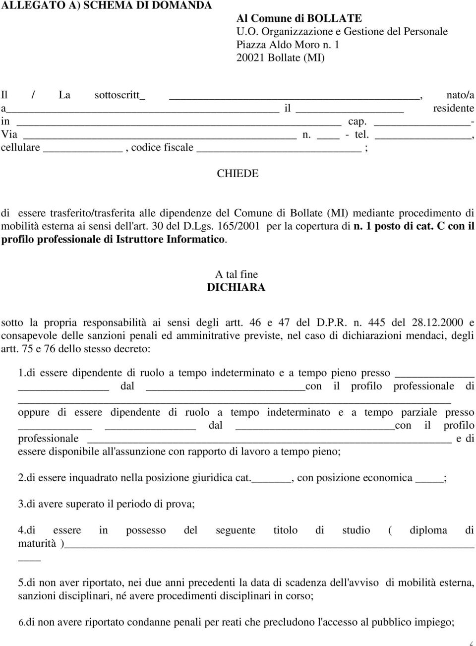 165/2001 per la copertura di n. 1 posto di cat. C con il profilo professionale di Istruttore Informatico. A tal fine DICHIARA sotto la propria responsabilità ai sensi degli artt. 46 e 47 del D.P.R. n. 445 del 28.