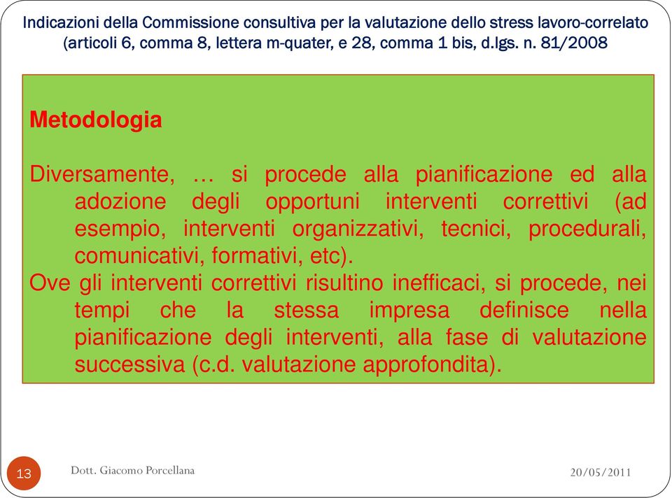 81/2008 Metodologia Diversamente, si procede alla pianificazione ed alla adozione degli opportuni interventi correttivi (ad esempio, interventi