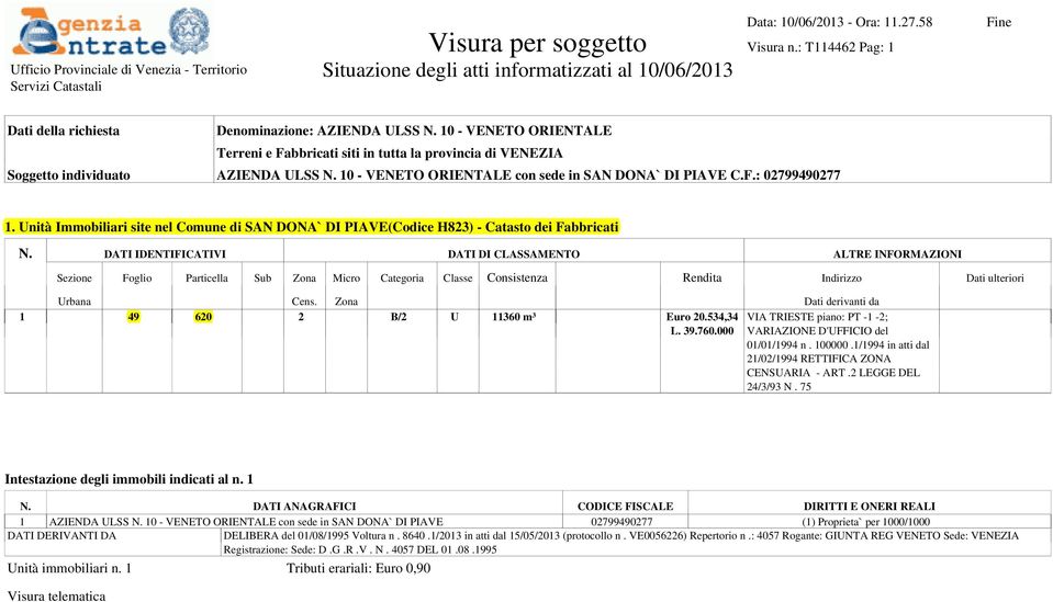 10 - VENETO ORIENTALE Terreni e Fabbricati siti in tutta la provincia di VENEZIA Soggetto individuato AZIENDA ULSS N. 10 - VENETO ORIENTALE con sede in SAN DONA` DI PIAVE C.F.: 02799490277 1.