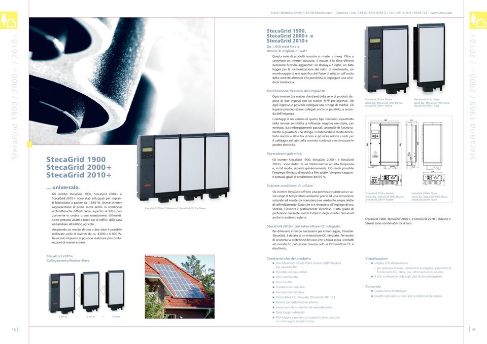 Oltre a contenere un inverter ciascuno, il master e lo slave offrono numerose funzioni aggiuntive: un display a 4 righe, un data logger per la memorizzazione dei valori di rendimento, un monitoraggio