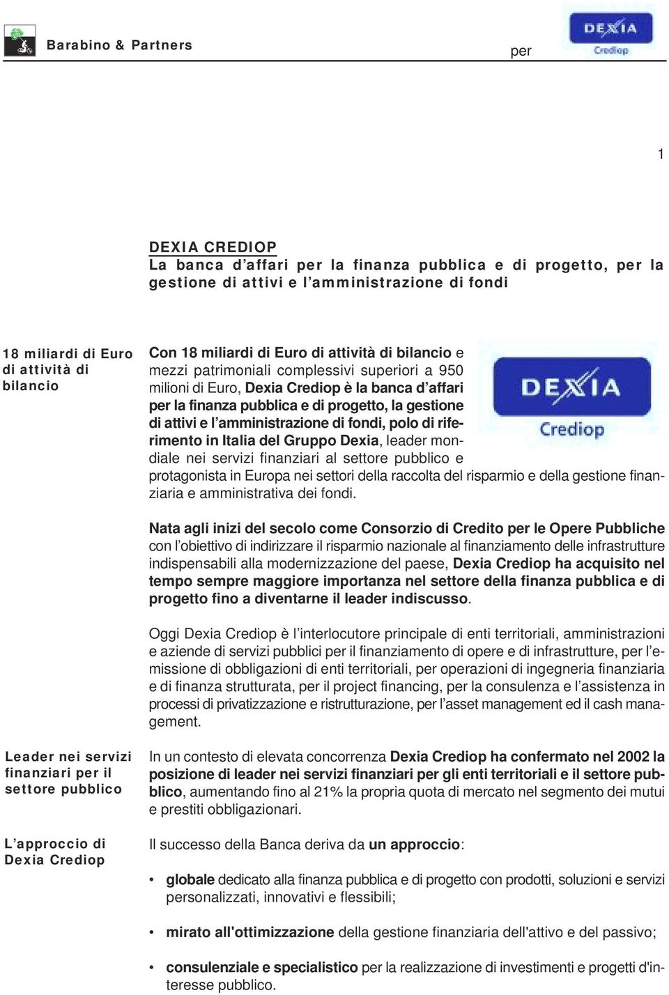 riferimento in Italia del Gruppo Dexia, leader mondiale nei servizi finanziari al settore pubblico e protagonista in Europa nei settori della raccolta del risparmio e della gestione finanziaria e