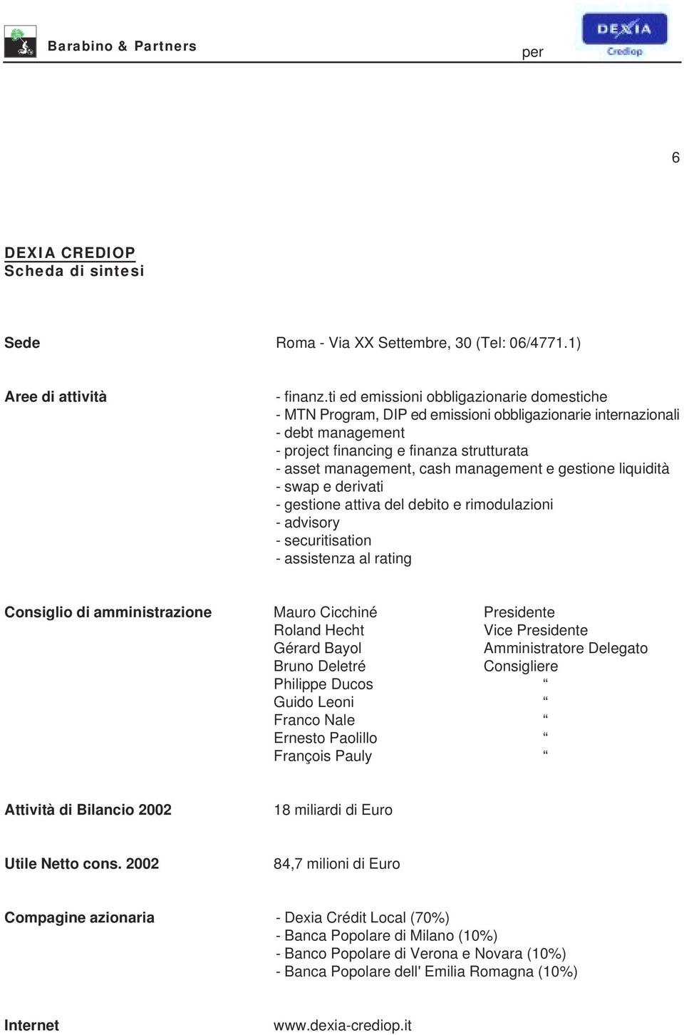 management e gestione liquidità - swap e derivati - gestione attiva del debito e rimodulazioni - advisory - securitisation - assistenza al rating Consiglio di amministrazione Mauro Cicchiné