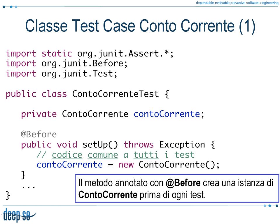 test; public class ContoCorrenteTest { private ContoCorrente contocorrente; } @Before public void