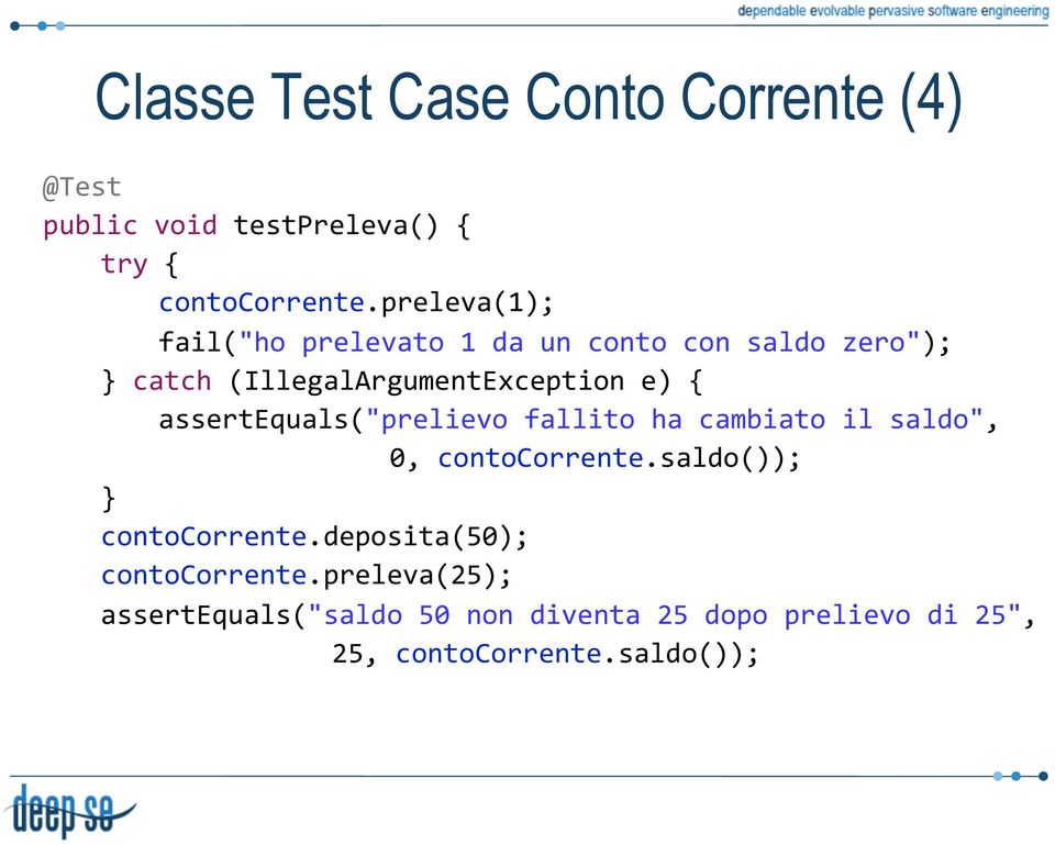 assertequals("prelievo fallito ha cambiato il saldo", 0, contocorrente.saldo()); } contocorrente.