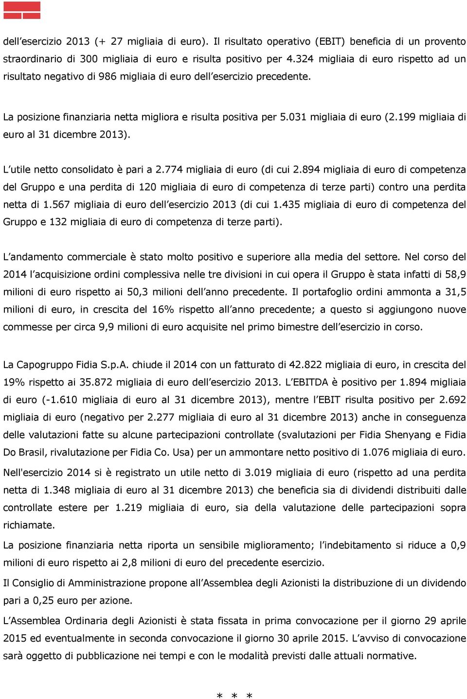 199 migliaia di euro al 31 dicembre 2013). L utile netto consolidato è pari a 2.774 migliaia di euro (di cui 2.