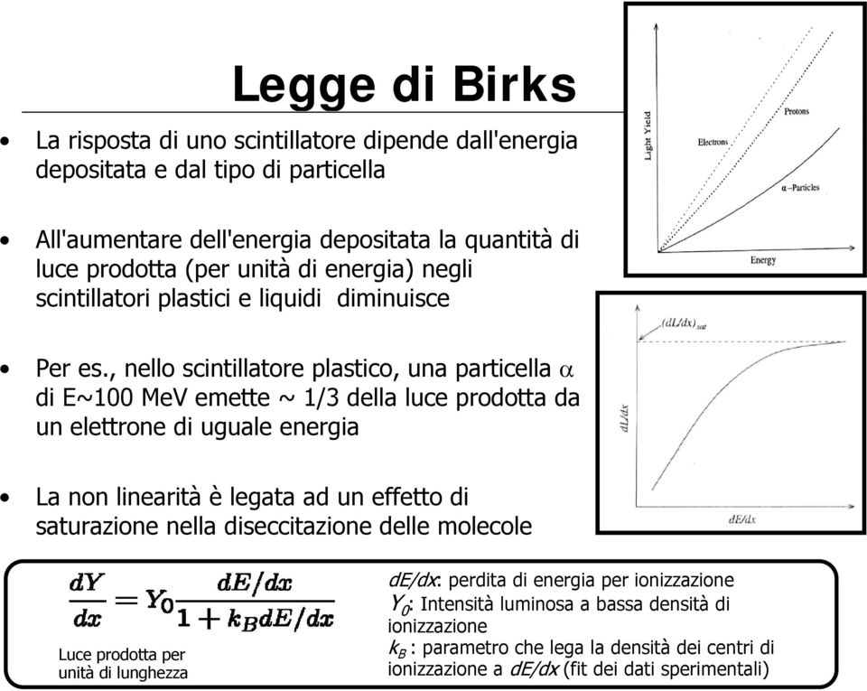 , nello scintillatore plastico, una particella α di E~100 MeV emette ~ 1/3 della luce prodotta da un elettrone di uguale energia La non linearità è legata ad un effetto di