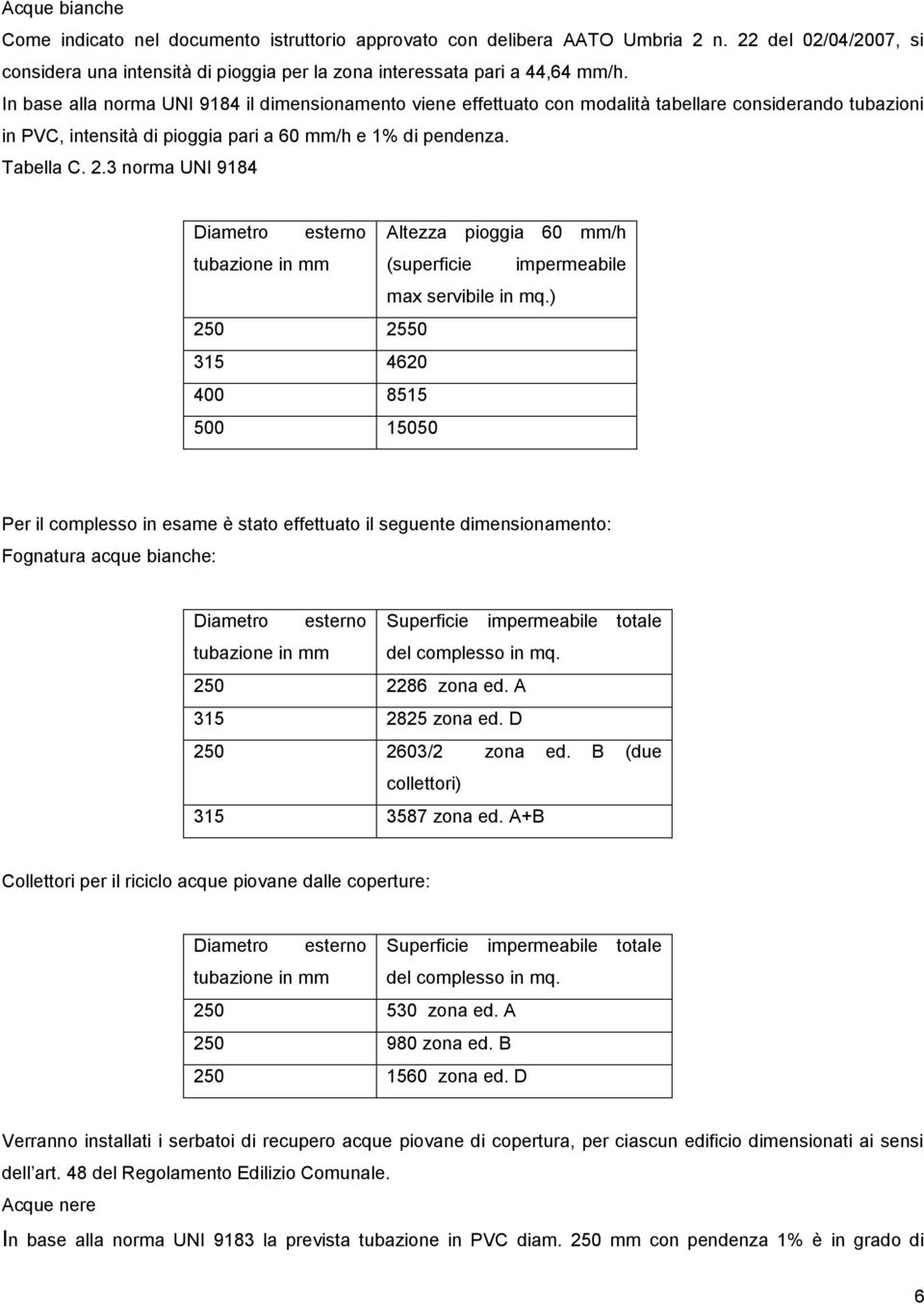 3 norma UNI 9184 Diametro esterno Altezza pioggia 60 mm/h tubazione in mm (superficie impermeabile max servibile in mq.