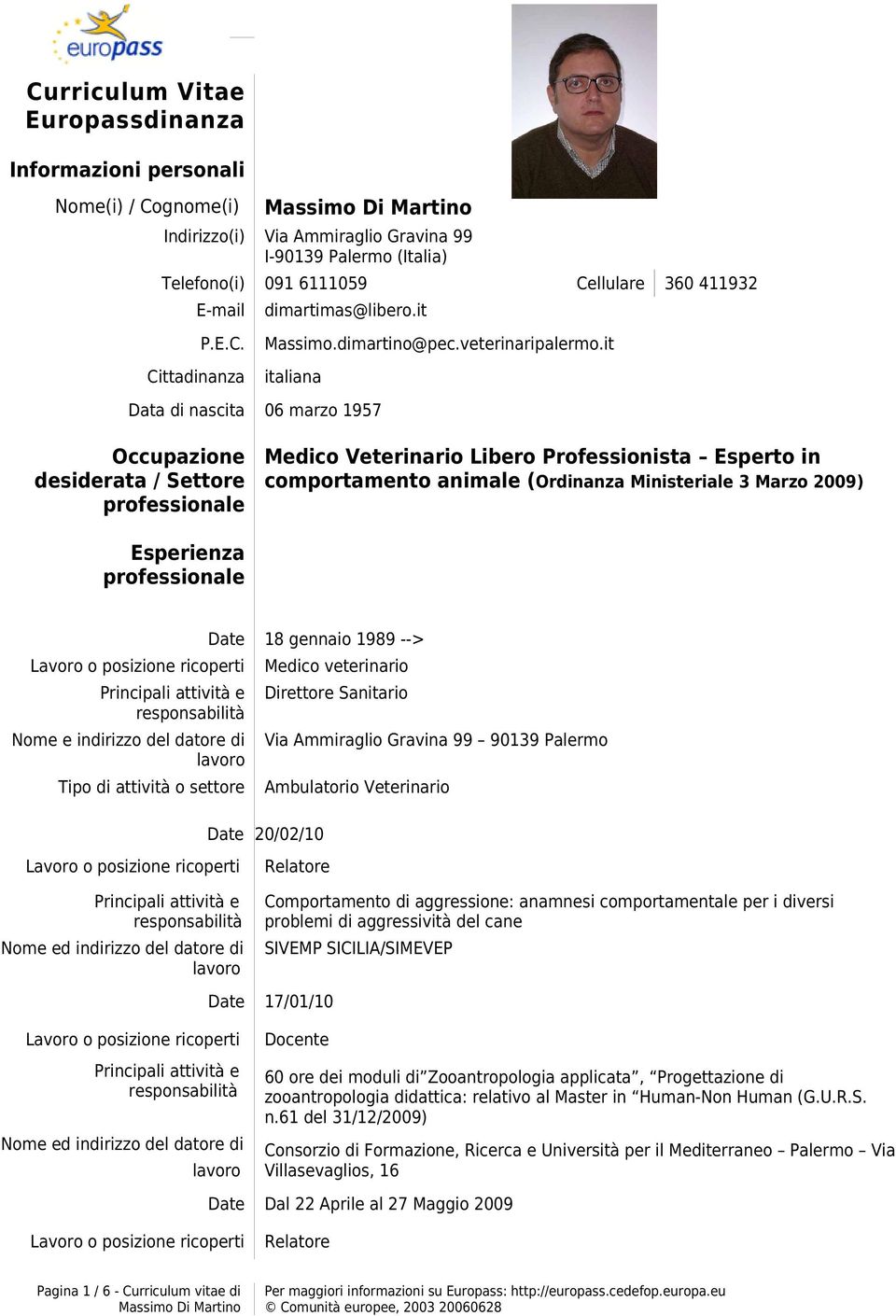 it italiana Data di nascita 06 marzo 1957 Occupazione desiderata / Settore professionale Medico Veterinario Libero Professionista Esperto in comportamento animale (Ordinanza Ministeriale 3 Marzo