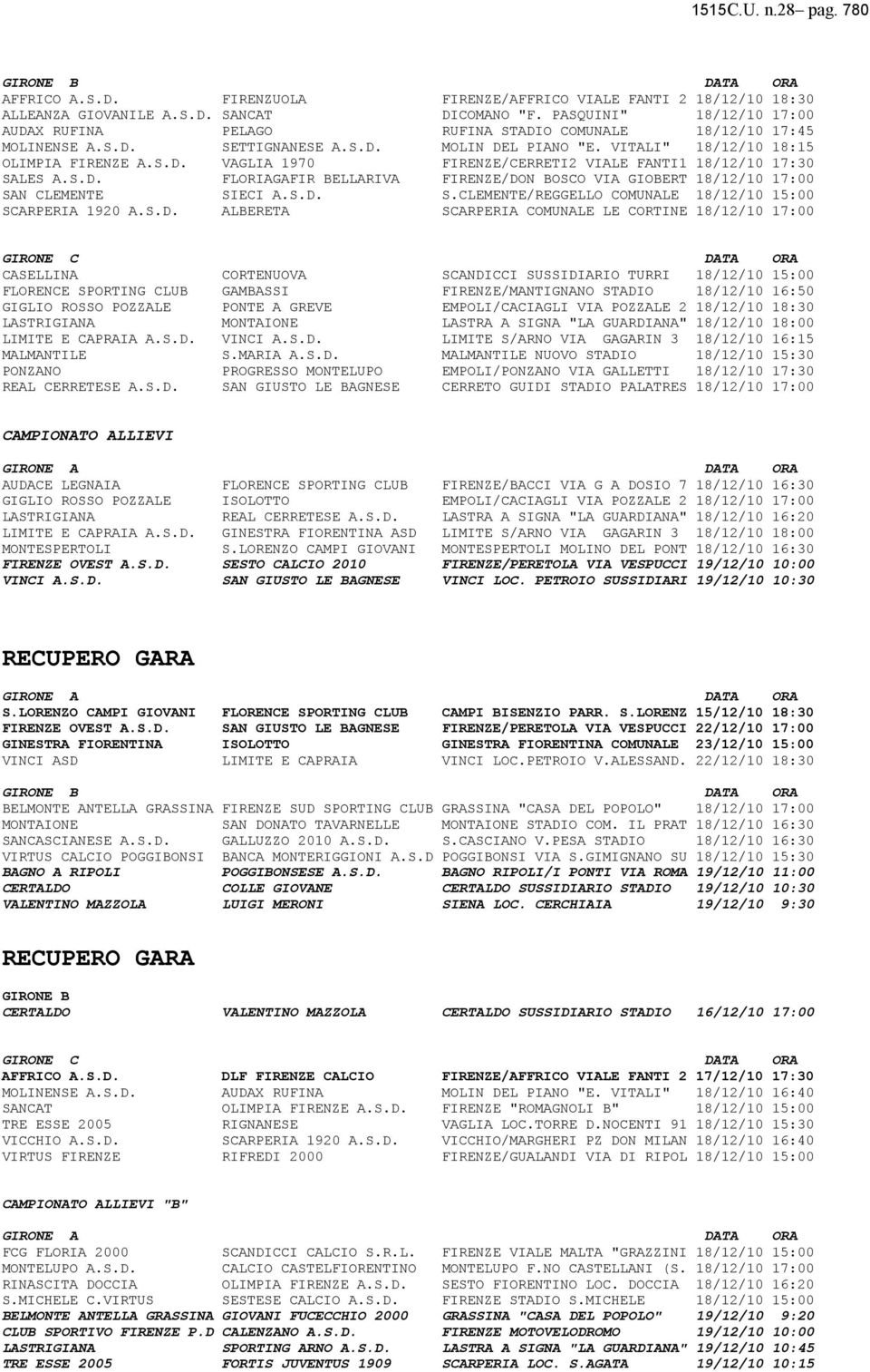 S.D. FLORIAGAFIR BELLARIVA FIRENZE/DON BOSCO VIA GIOBERT 18/12/10 17:00 SAN CLEMENTE SIECI A.S.D. S.CLEMENTE/REGGELLO COMUNALE 18/12/10 15:00 SCARPERIA 1920 A.S.D. ALBERETA SCARPERIA COMUNALE LE