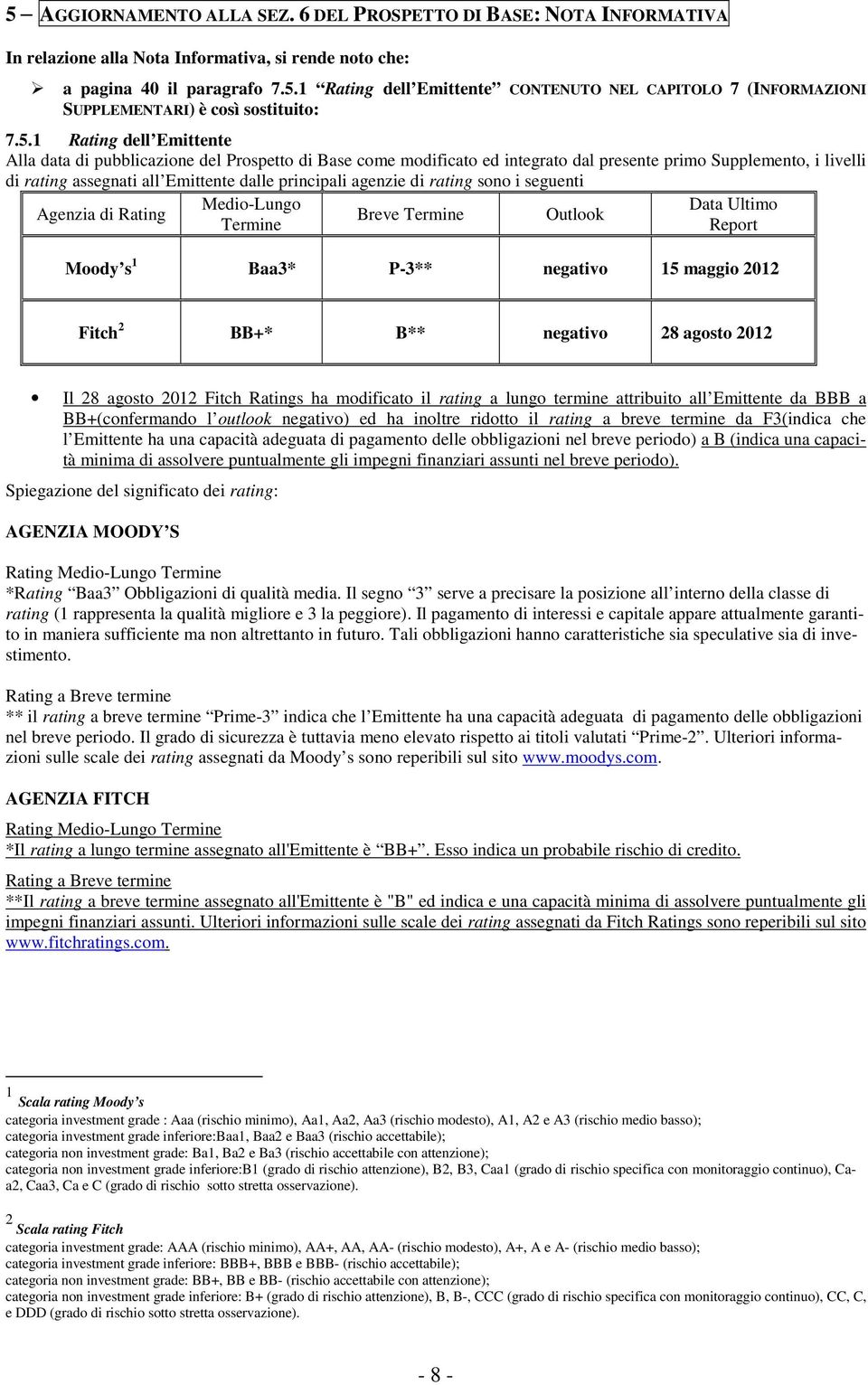 agenzie di rating sono i seguenti Agenzia di Rating Medio-Lungo Termine Breve Termine Outlook Data Ultimo Report Moody s 1 Baa3* P-3** negativo 15 maggio 2012 Fitch 2 BB+* B** negativo 28 agosto 2012