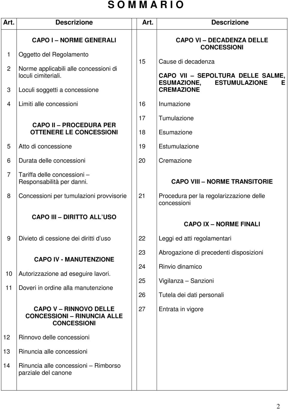 CAPO II PROCEDURA PER OTTENERE LE CONCESSIONI 17 18 Tumulazione Esumazione 5 Atto di concessione 19 Estumulazione 6 Durata delle concessioni 20 Cremazione 7 Tariffa delle concessioni Responsabilità