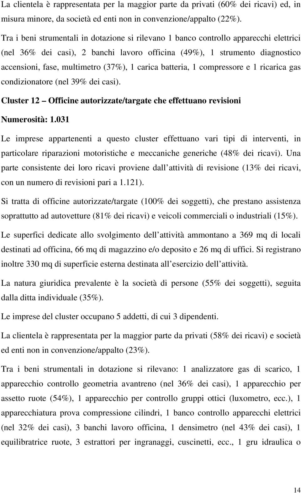 1 carica batteria, 1 compressore e 1 ricarica gas condizionatore (nel 39% dei casi). Cluster 12 Officine autorizzate/targate che effettuano revisioni Numerosità: 1.