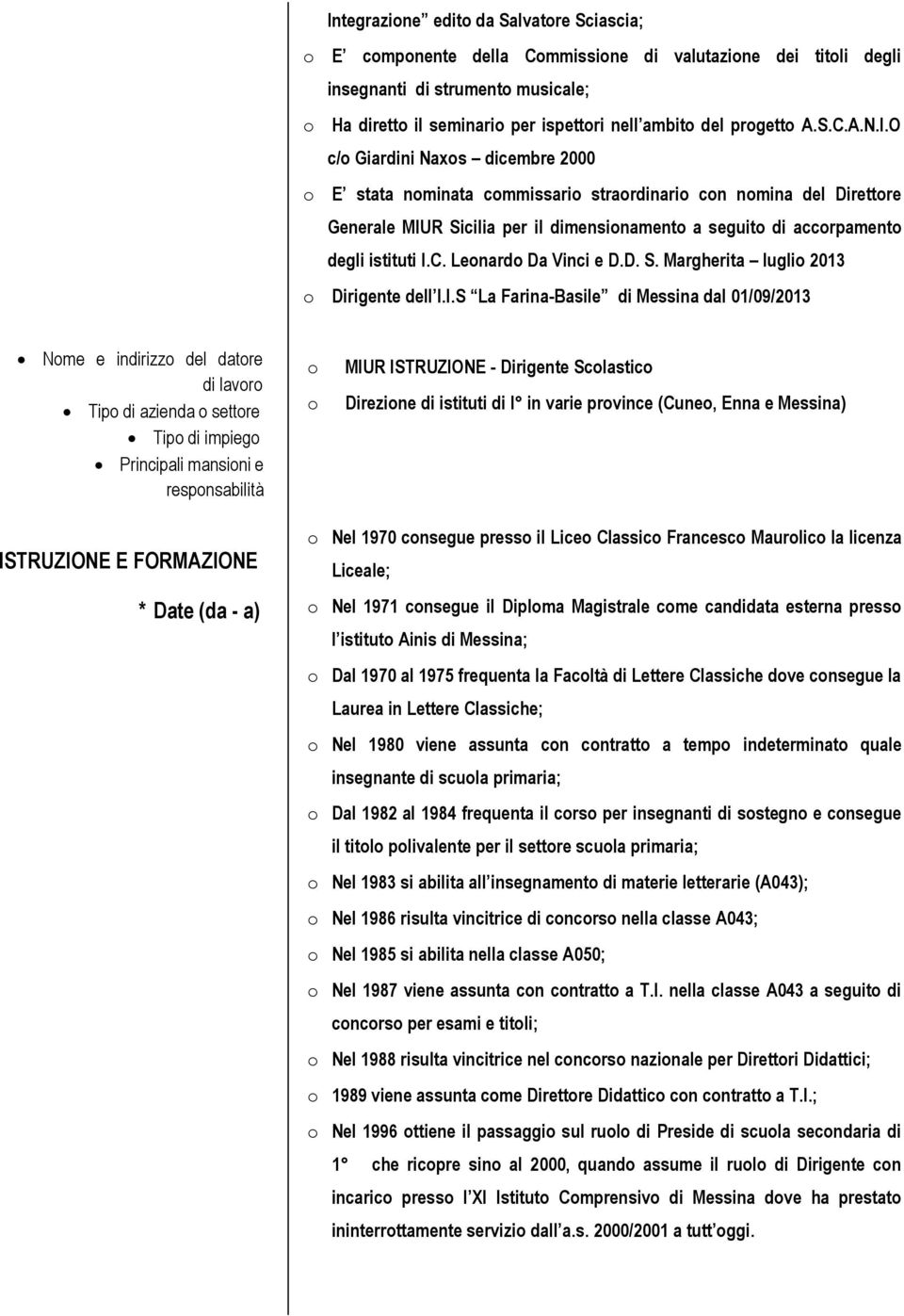 O c/o Giardini Naxos dicembre 2000 o E stata nominata commissario straordinario con nomina del Direttore Generale MIUR Sicilia per il dimensionamento a seguito di accorpamento degli istituti I.C.