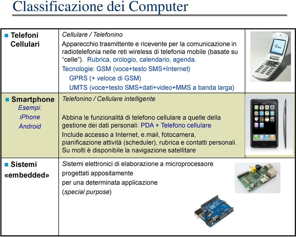 Tecnologie: GSM (voce+testo SMS+Internet) GPRS (+ veloce di GSM) UMTS (voce+testo SMS+dati+video+MMS a banda larga) Smartphone Esempi: iphone Android Sistemi «embedded» Telefonino / Cellulare