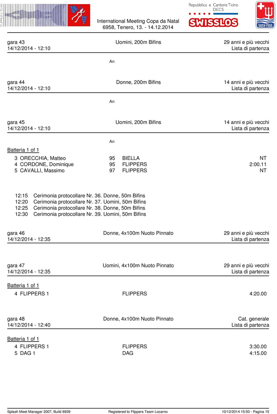 Donne, 50m Bifins 12:20 Cerimonia protocollare Nr. 37. Uomini, 50m Bifins 12:25 Cerimonia protocollare Nr. 38. Donne, 50m Bifins 12:30 Cerimonia protocollare Nr. 39.