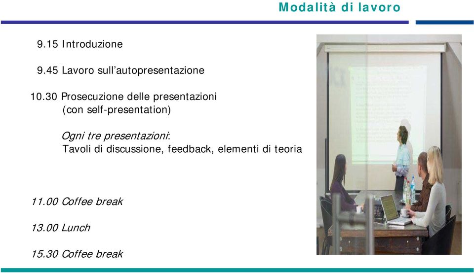 30 Prosecuzione delle presentazioni (con self-presentation) Ogni