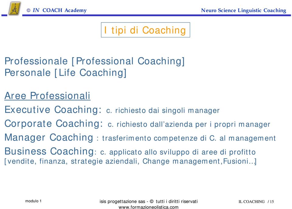 richiesto dall azienda per i propri manager Manager Coaching : trasferimento competenze di C.