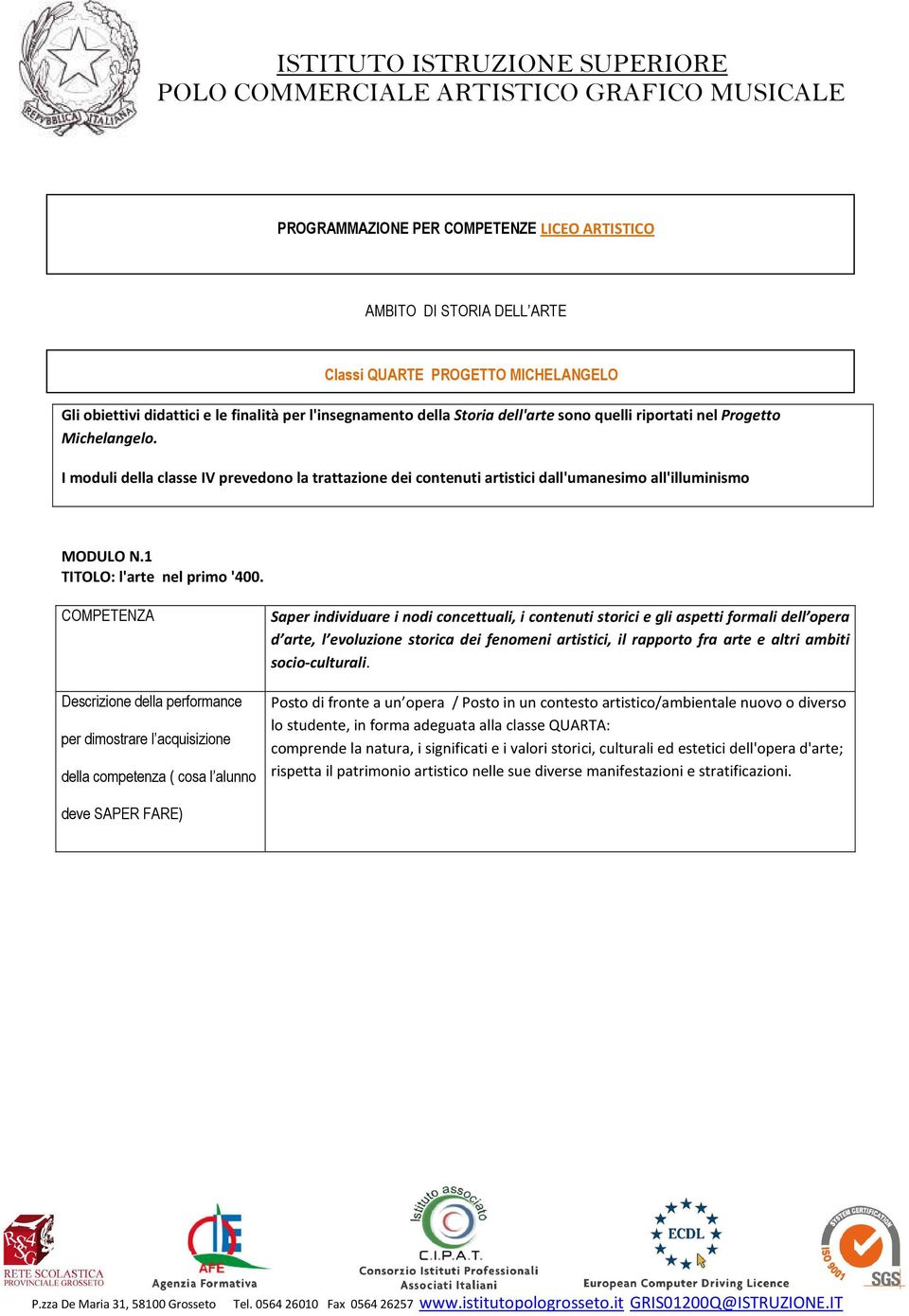 per dimostrare l acquisizione della competenza ( cosa l alunno Saper individuare i nodi concettuali, i contenuti storici e gli aspetti formali dell opera d arte, l evoluzione storica dei fenomeni