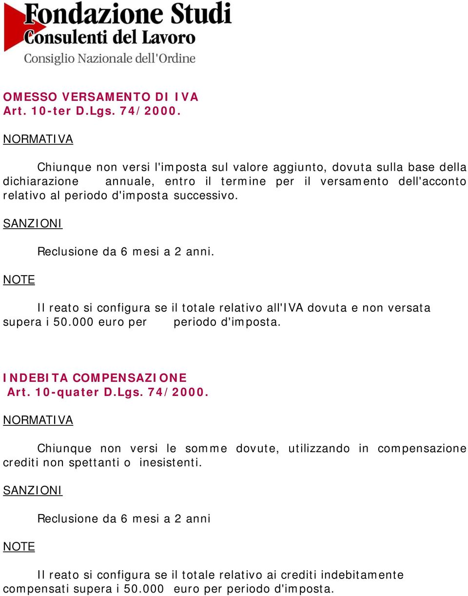 successivo. Reclusione da 6 mesi a 2 anni. Il reato si configura se il totale relativo all'iva dovuta e non versata supera i 50.000 euro per periodo d'imposta.